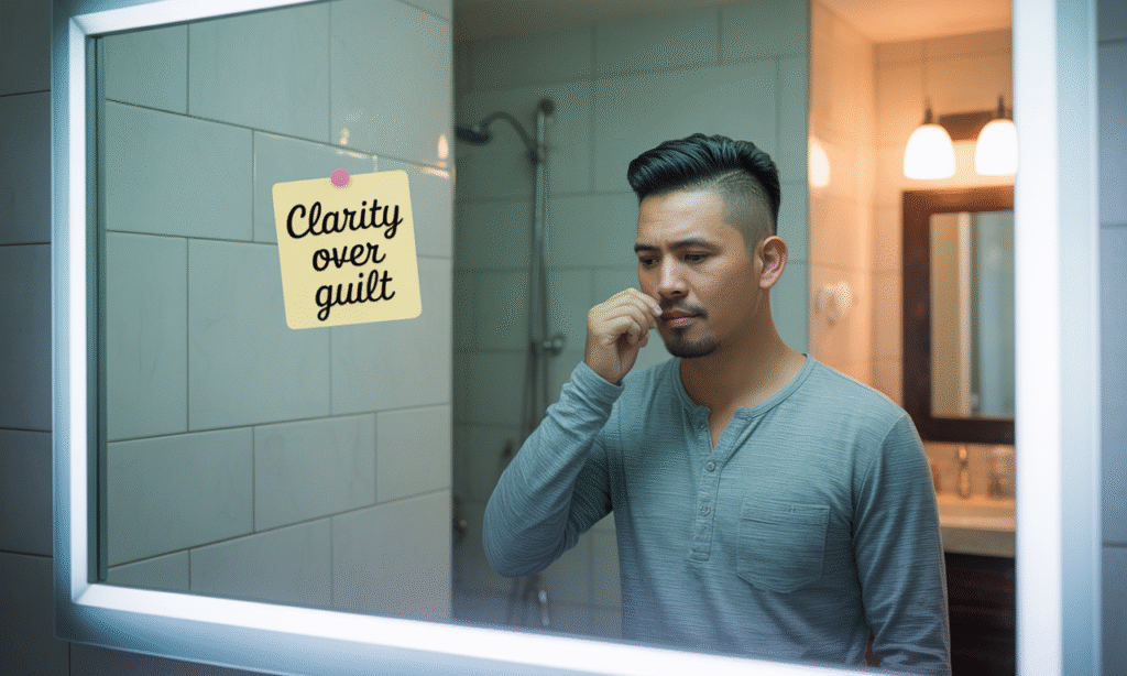 parent reflecting in mirror with a note that says “Clarity over guilt”