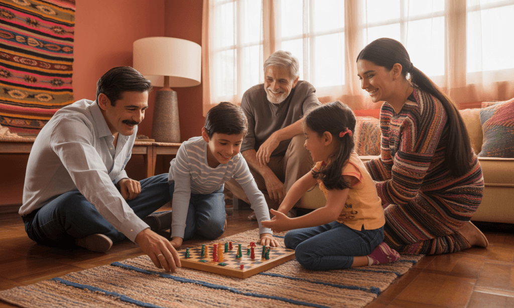 multigenerational family laughing over board game maintaining harmony instead of arguing beliefs