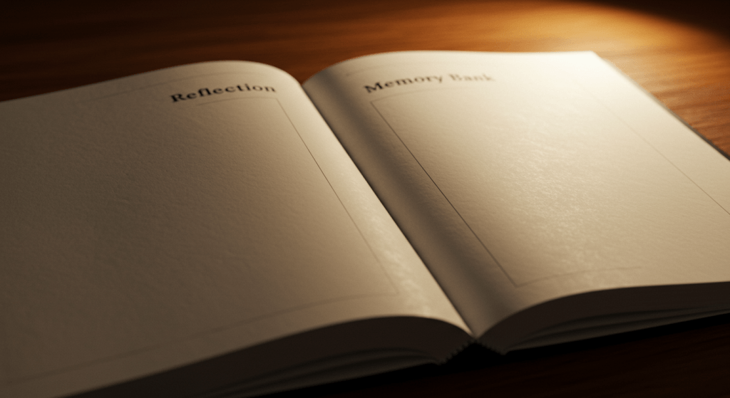 Notebook connecting reflection habit with marriage memory bank.