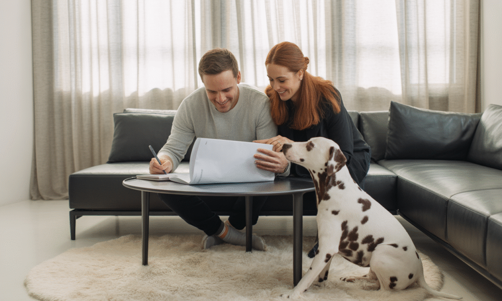 Spouses smiling while revising their digital covenant, illustrating that flexibility keeps it healthy.