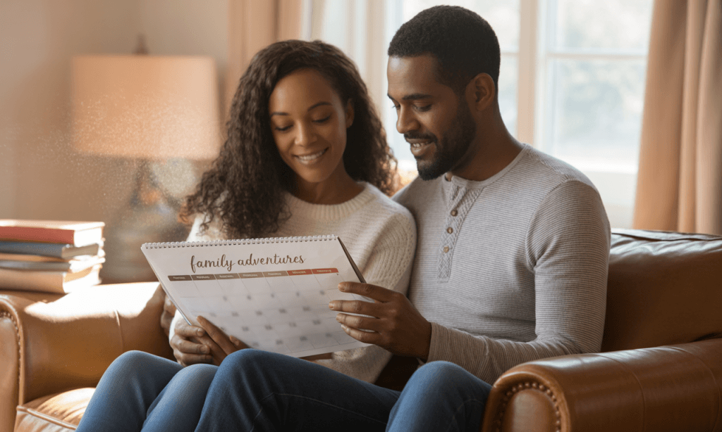 Couple planning weekly rituals together on a calendar as part of designing marriage rhythms.