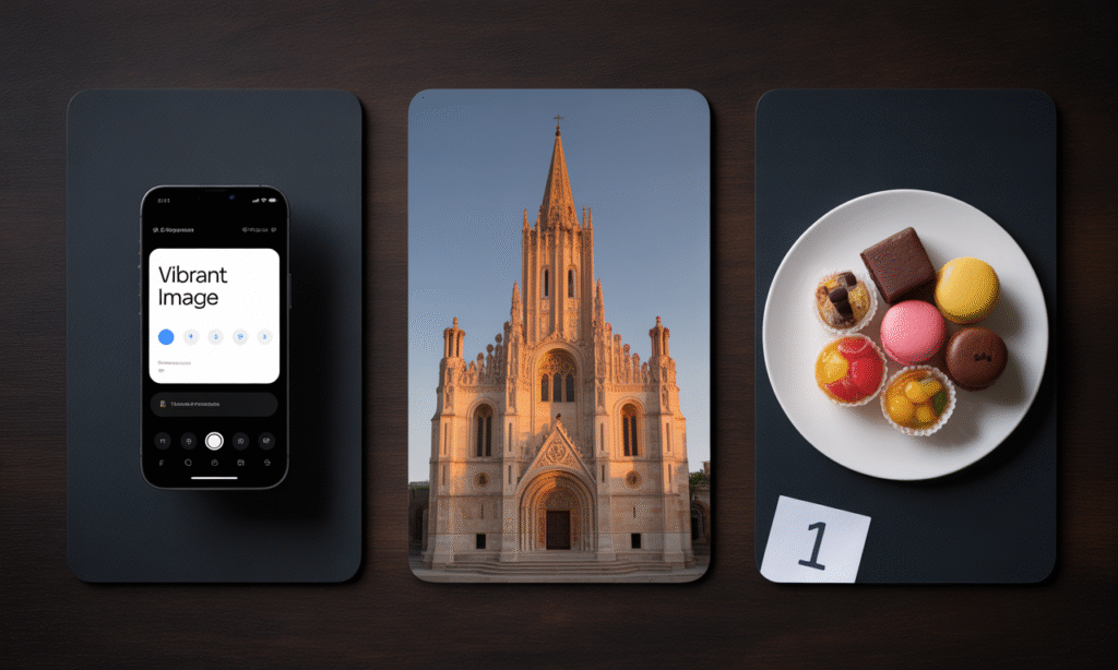 three simple illustrations depicting a phone gift, a church invite, and a single dessert plan