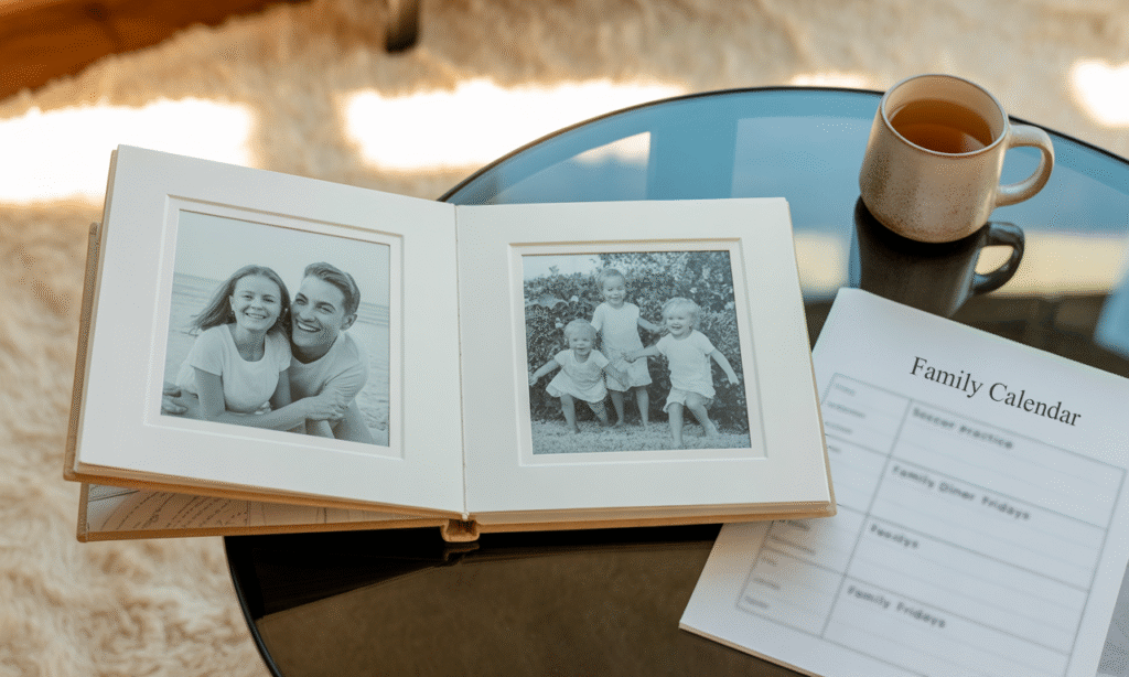 open photo album beside a modern family routine sheet symbolizing respect for past and new practices