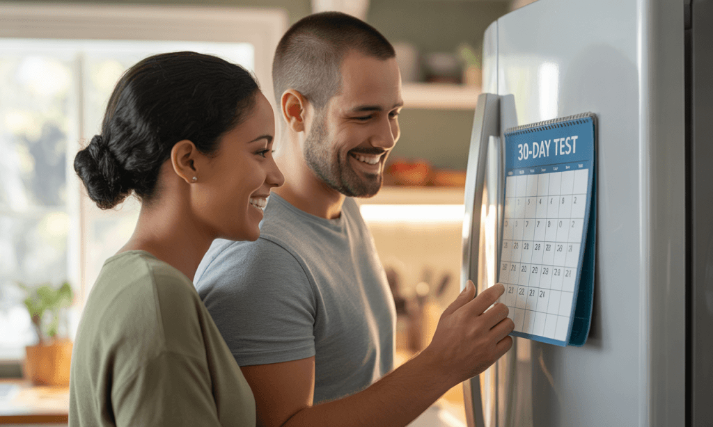 Couple using 30-day micro-experiment calendar to test new marriage habits.