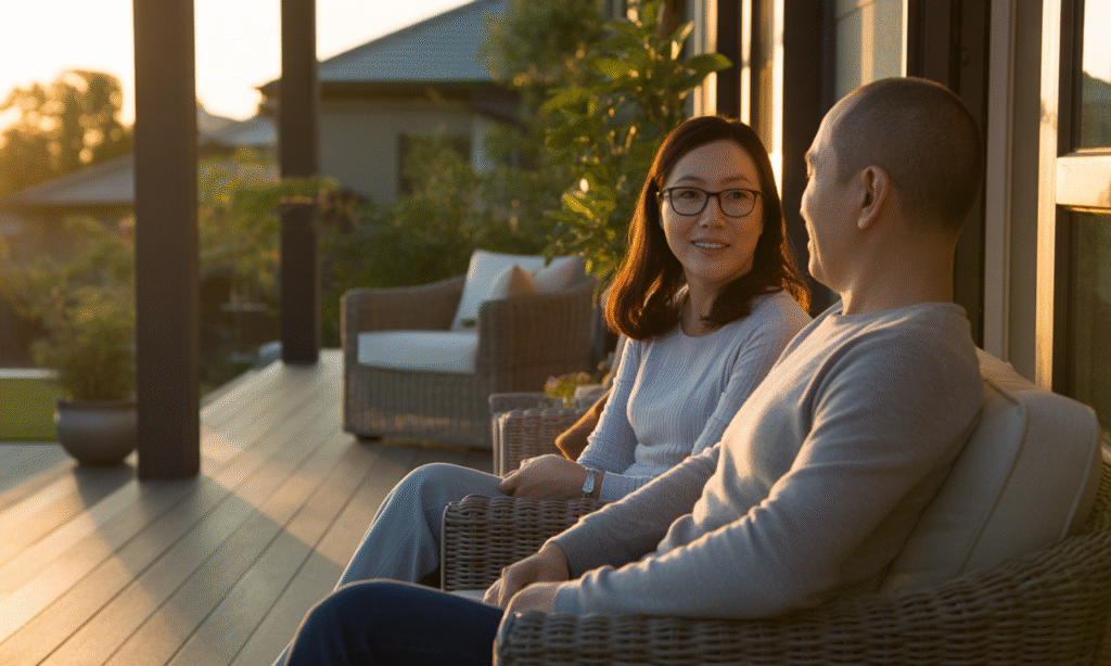 two adults having a calm porch conversation to practice a 24-hour repair rule