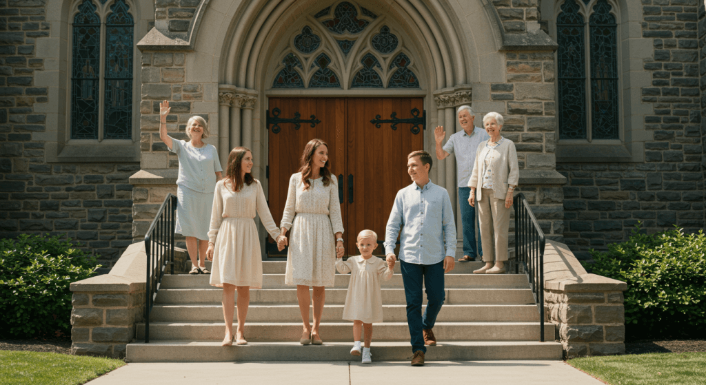 family leaving church with smiling grandparents waving showing peaceful boundaries