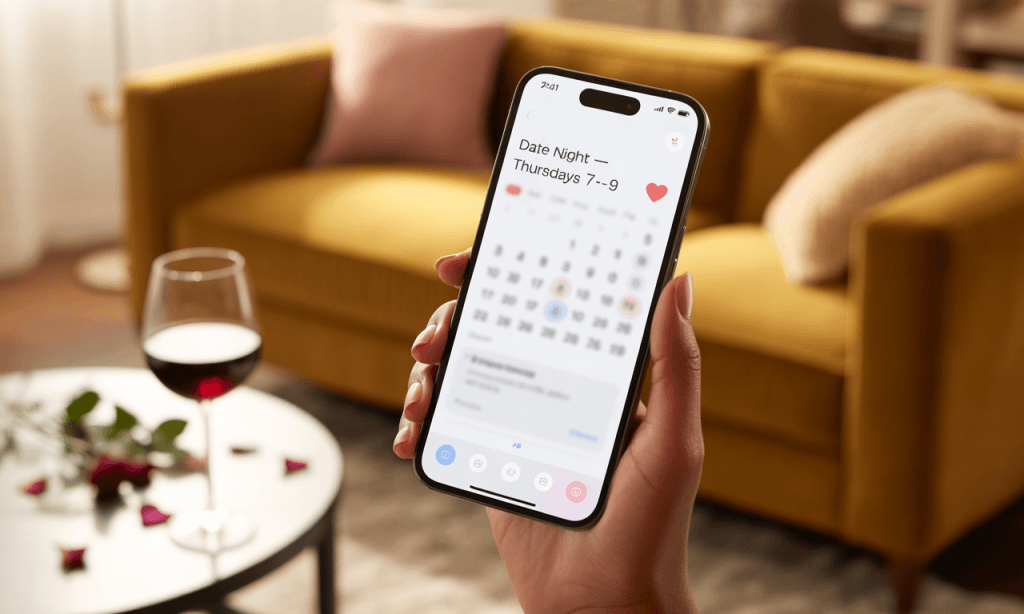 Date Night Is a Decision shown as a recurring calendar event that protects a weekly signal of “us”