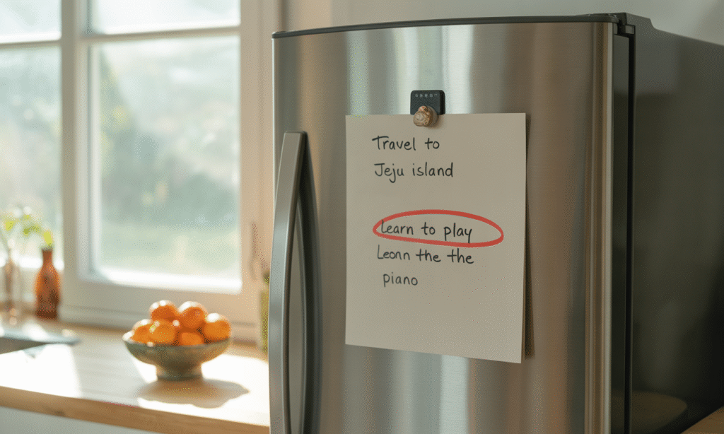 family wishlist on the fridge highlighting experiences over devices