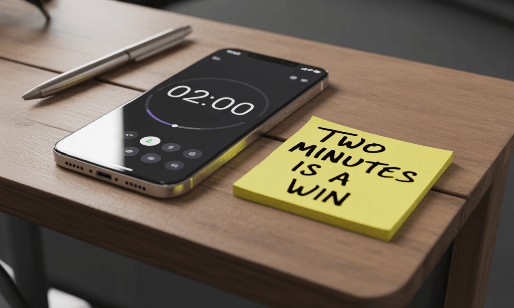 Two-minute timer emphasizing micro-repairs and half-doses to keep the quarter alive