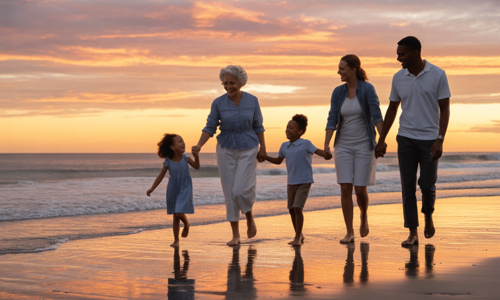 grandparents, parents, and kids walking together holding hands at sunset showing family unity