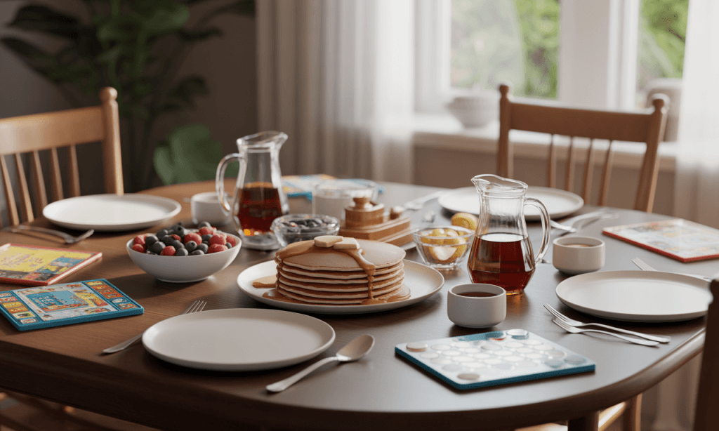 breakfast table with pancake toppings and board games as a sleepover alternative