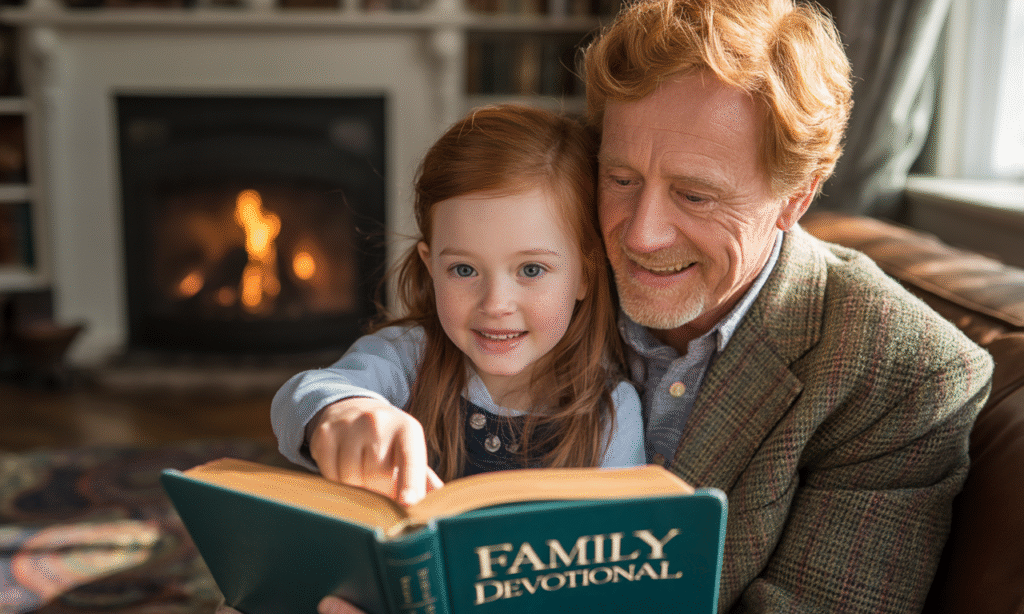 grandparent reading children’s devotional with grandchild showing gentle faith alignment