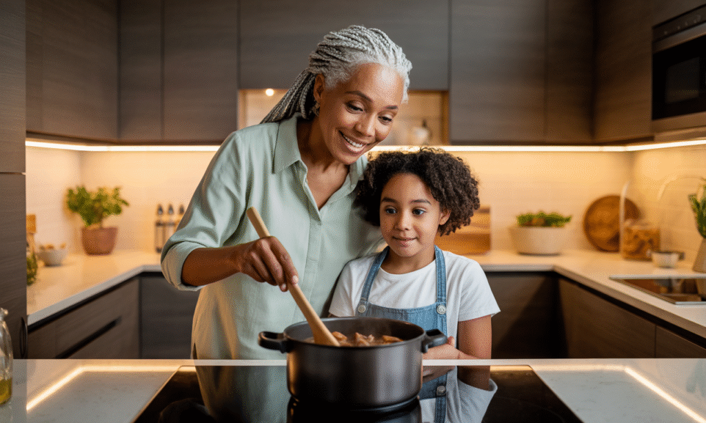 grandparent teaching child to cook a family recipe symbolizing legacy and shared purpose