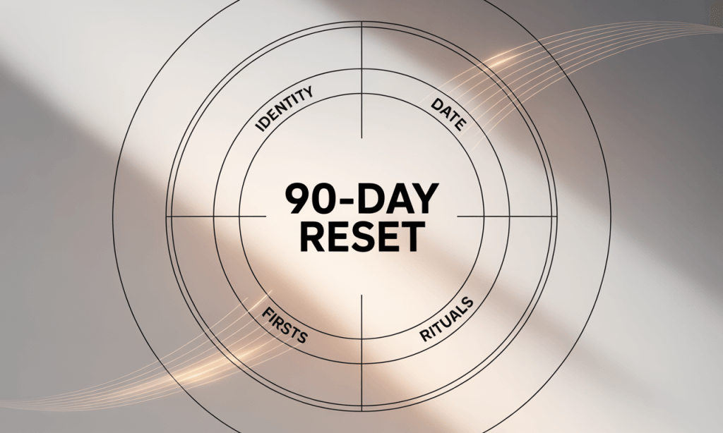 Cornerstone hub diagram showing how the 90-day reset connects to identity, date night, micro-adventures, and home rituals