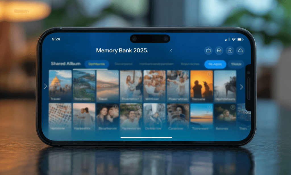 Shared digital photo album labeled Memory Bank 2025 on smartphone.