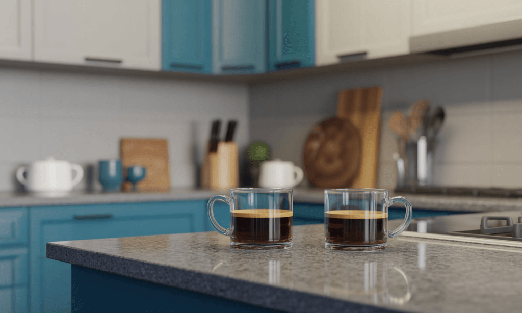 half-empty mugs on kitchen counter symbolizing imperfect but shared moments in real marriage