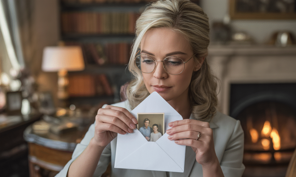 parent placing a printed family photo in an envelope as a hopeful gesture during separation