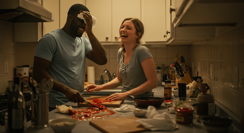 couple laughing over a small mistake showing grace instead of blame