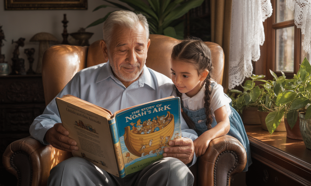 grandparent and child reading a children’s Bible together representing shared faith alignment