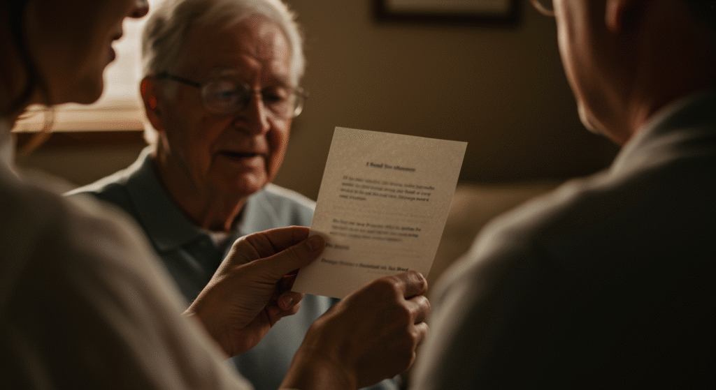 grandparent reading a one-page family authority statement held by a parent