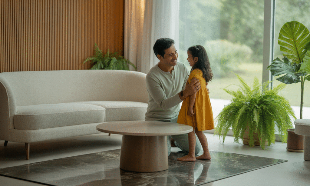 parent calmly explaining family unity to child with reassuring smile