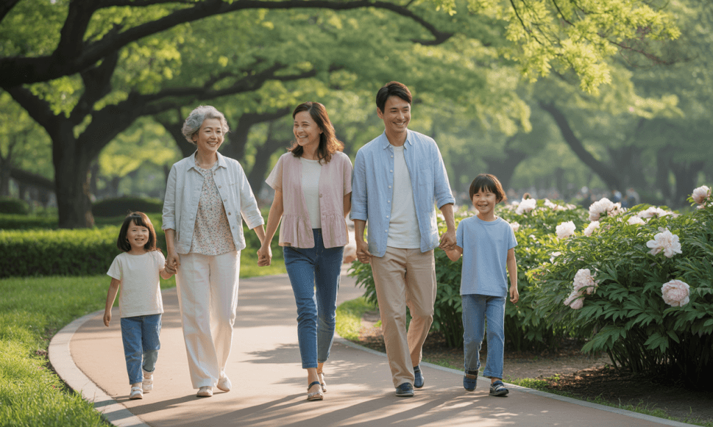 family of multiple generations walking together representing peace across faith differences