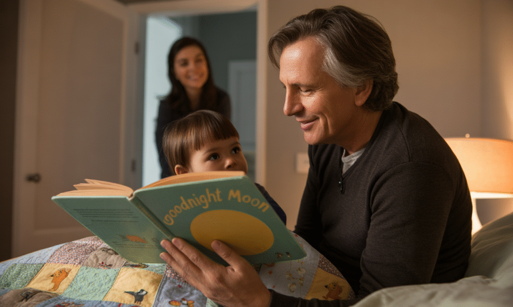 grandparent reading bedtime story as a family tradition while parent smiles supportively