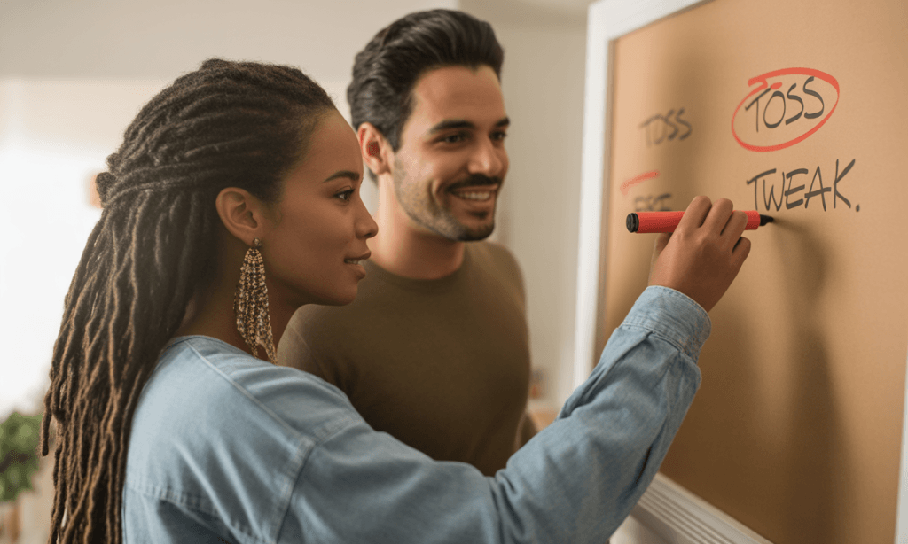 Couple deciding whether to keep, tweak, or toss a 30-day marriage experiment.