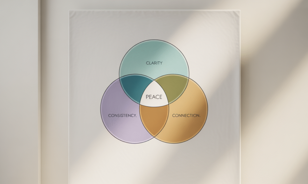 three overlapping circles labeled clarity consistency connection symbolizing healthy family structure