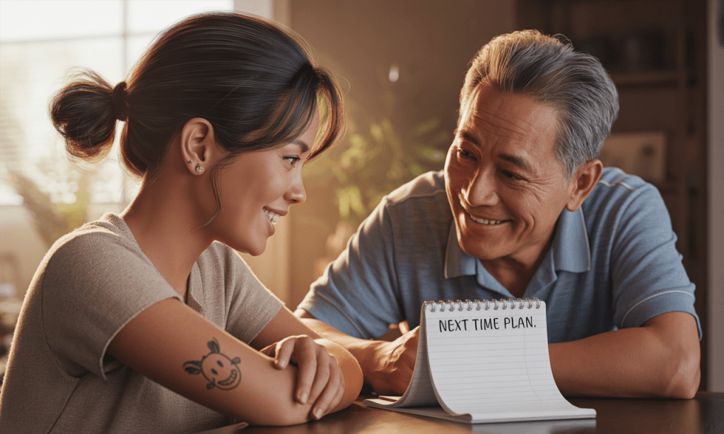 adults amicably updating a next-time plan after a schedule slip