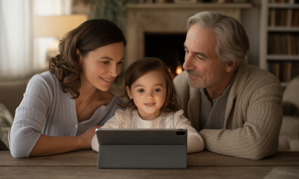 family choosing one shared tablet together as an alternative to personal devices