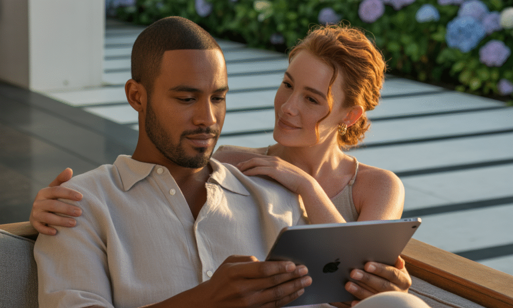 Spouse maintaining patience and calm while partner scrolls, embodying steady leadership in a digital home.