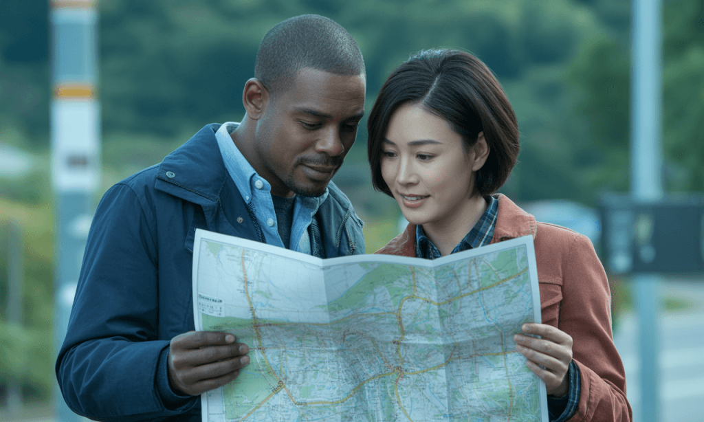 Couple planning next season together holding map at crossroads symbolizing transition.