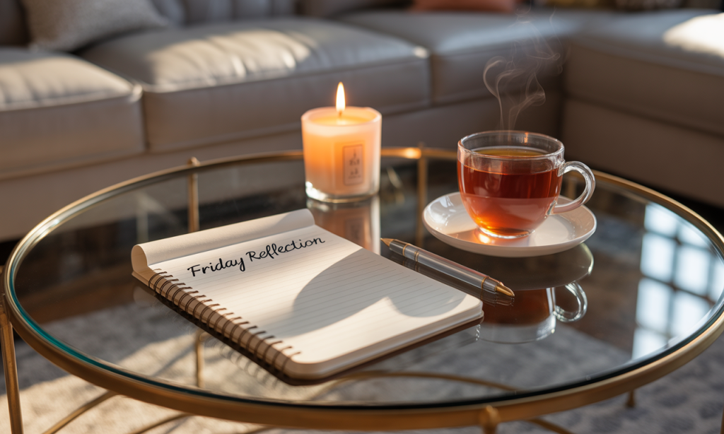 Weekly reflection setup with notebook and tea for couples to review their week with gratitude.