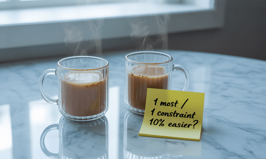 Morning check-in note beside coffee mugs to cue a one-minute connection ritual