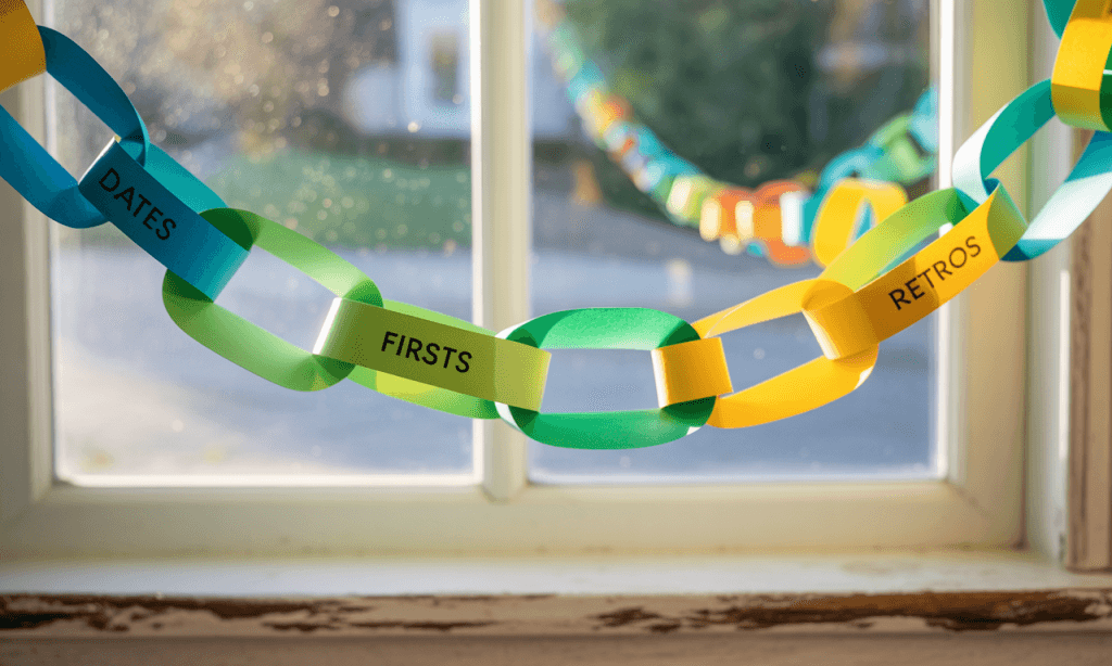 Paper chain visualizing quarter-long momentum as the three anchors accumulate