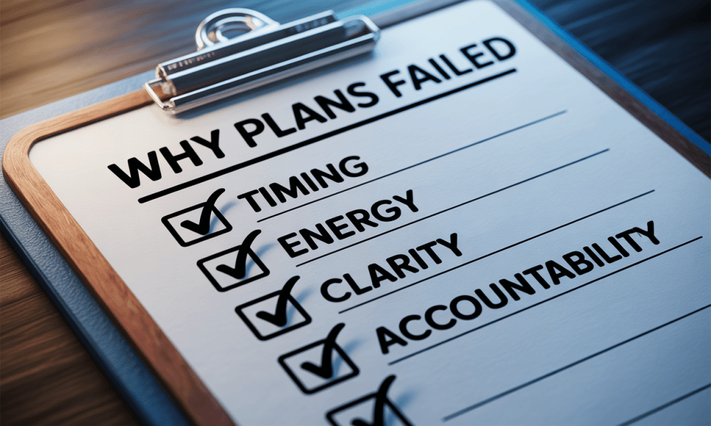checklist showing reasons plans fail with boxes for timing, energy, clarity, accountability