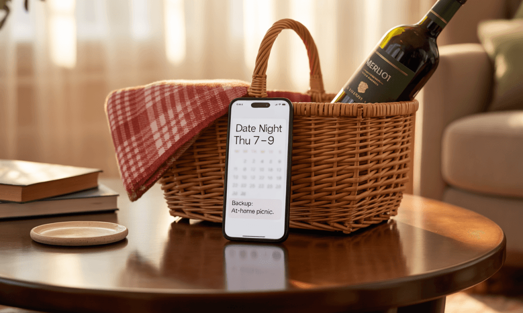 Recurring calendar date night with at-home backup noted to preserve momentum when plans change