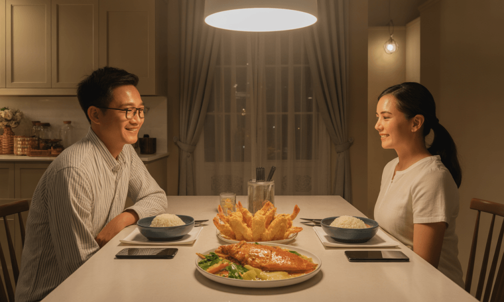 Married couple laughing at dinner with devices put away, showing always-present zones.