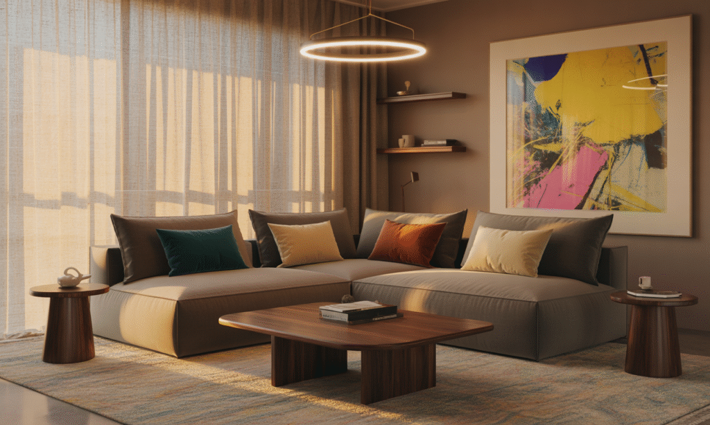 Warmly lit living room designed for presence, showing how space itself can encourage connection.