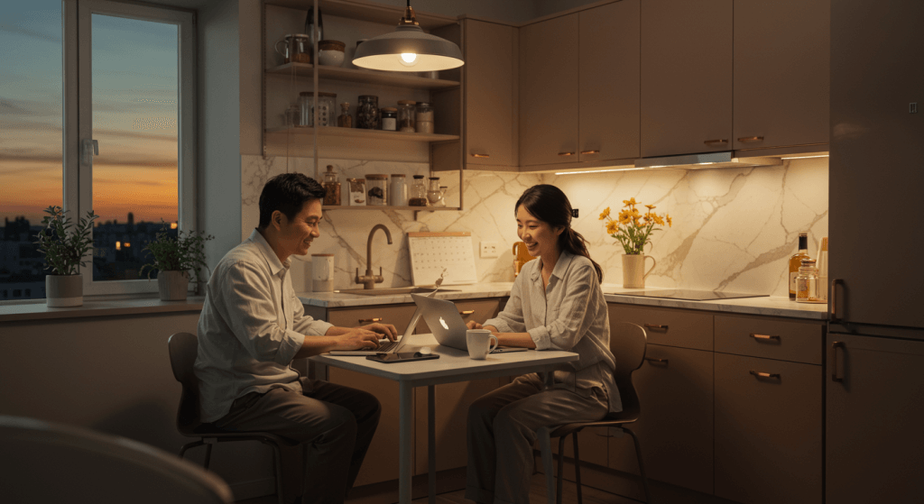 Couple planning their life changes together over a kitchen table calendar.