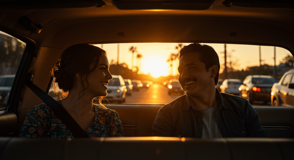 couple smiling together in car showing grace and patience despite plans changing