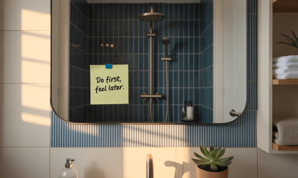 Mirror note reinforcing the Momentum > Motivation mindset for daily practice