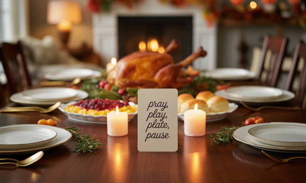 holiday dinner table place card listing pray play plate pause routine