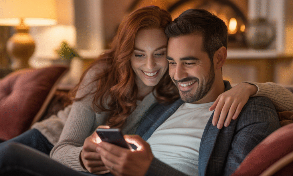 Husband and wife using technology together intentionally, showing balance within gentle boundaries.