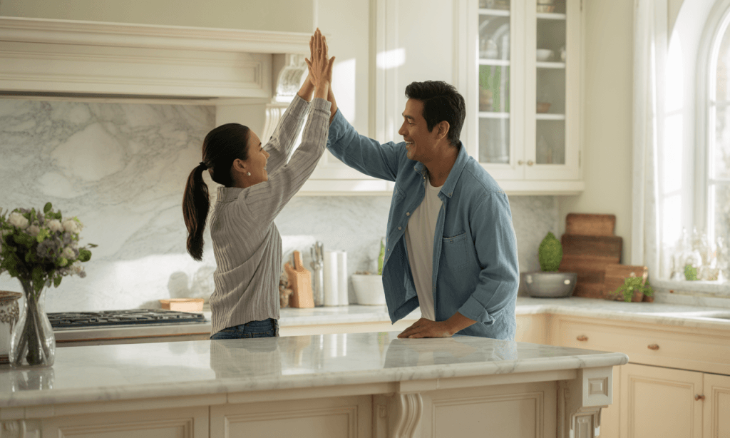 Couple celebrating teamwork and success after completing marriage micro-experiment.