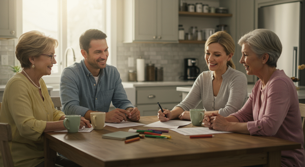 parents and grandparents calmly reviewing a one-page family boundary plan at the kitchen table