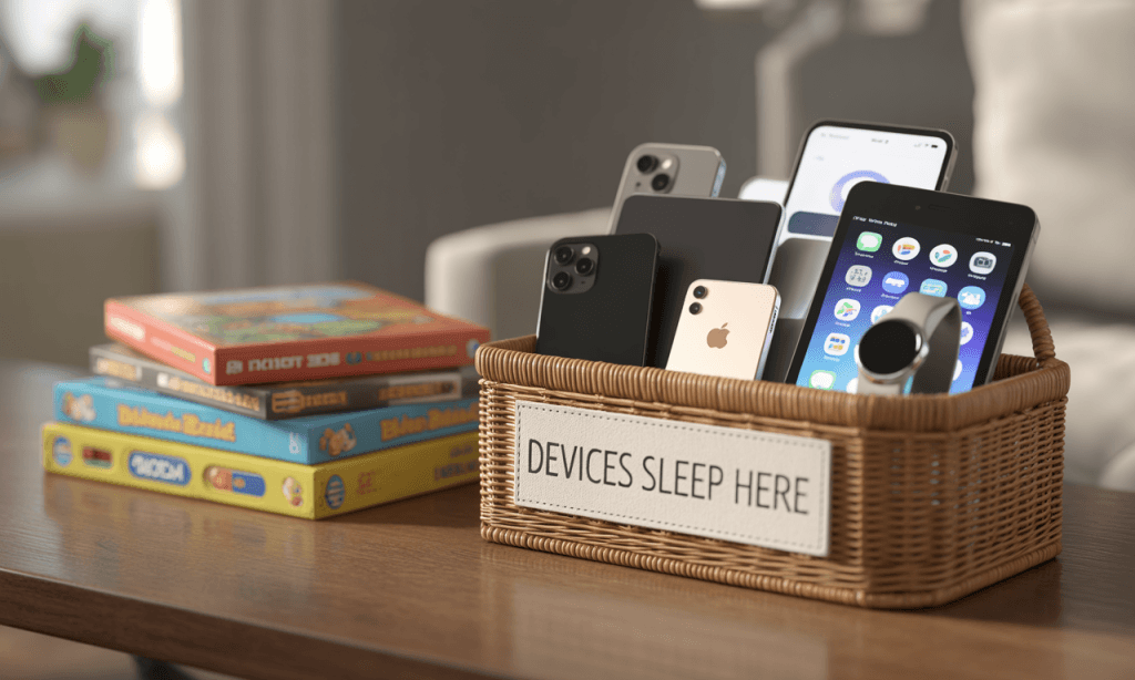wicker basket labeled devices sleep here next to family board games
