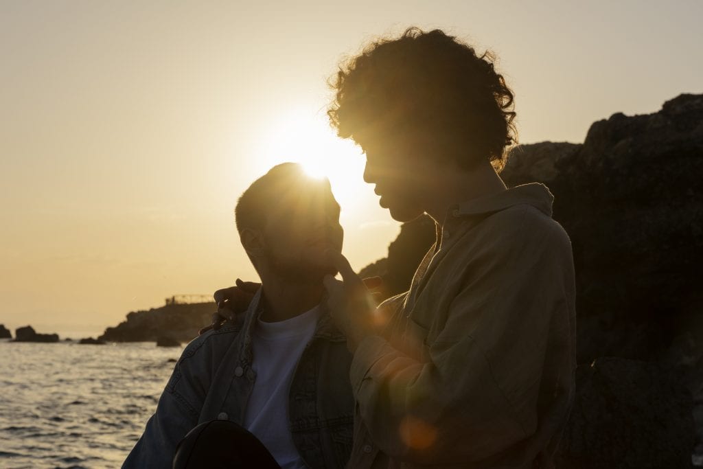 couple laughing quietly together showing calm connection from steady effort