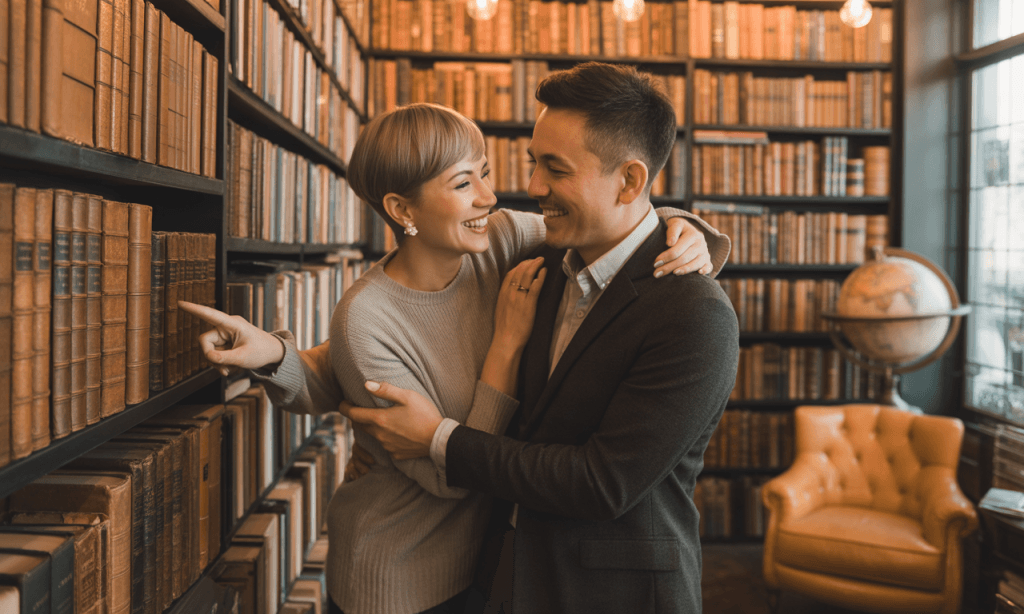 Couple enjoying novelty with a monthly micro-adventure at a bookstore.